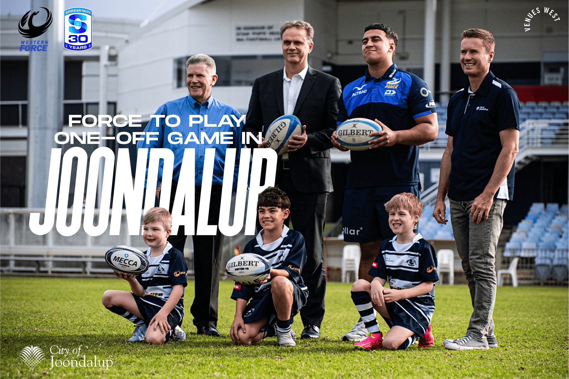 (Back row, L-R) City of Joondalup deputy mayor Cr Adrian Hill, VenuesWest CEO David Etherton, Western Force player and Joondalup Brothers product Marley Pearce, City of Joondalup mayor Hon. Albert Jacob (Front row, L-R) Joondalup Brothers juniors Ryker Zoccoli, Cooper Jacob, George Mann