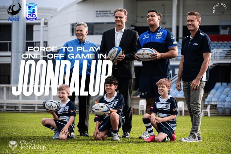 (Back row, L-R) City of Joondalup deputy mayor Cr Adrian Hill, VenuesWest CEO David Etherton, Western Force player and Joondalup Brothers product Marley Pearce, City of Joondalup mayor Hon. Albert Jacob (Front row, L-R) Joondalup Brothers juniors Ryker Zoccoli, Cooper Jacob, George Mann