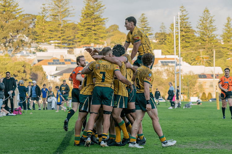 Justin Landman, Cristiano Tizzano and Associates teammates celebrate a try in the semi-final win over Nedlands. Photo credit: Champion Sports Photography