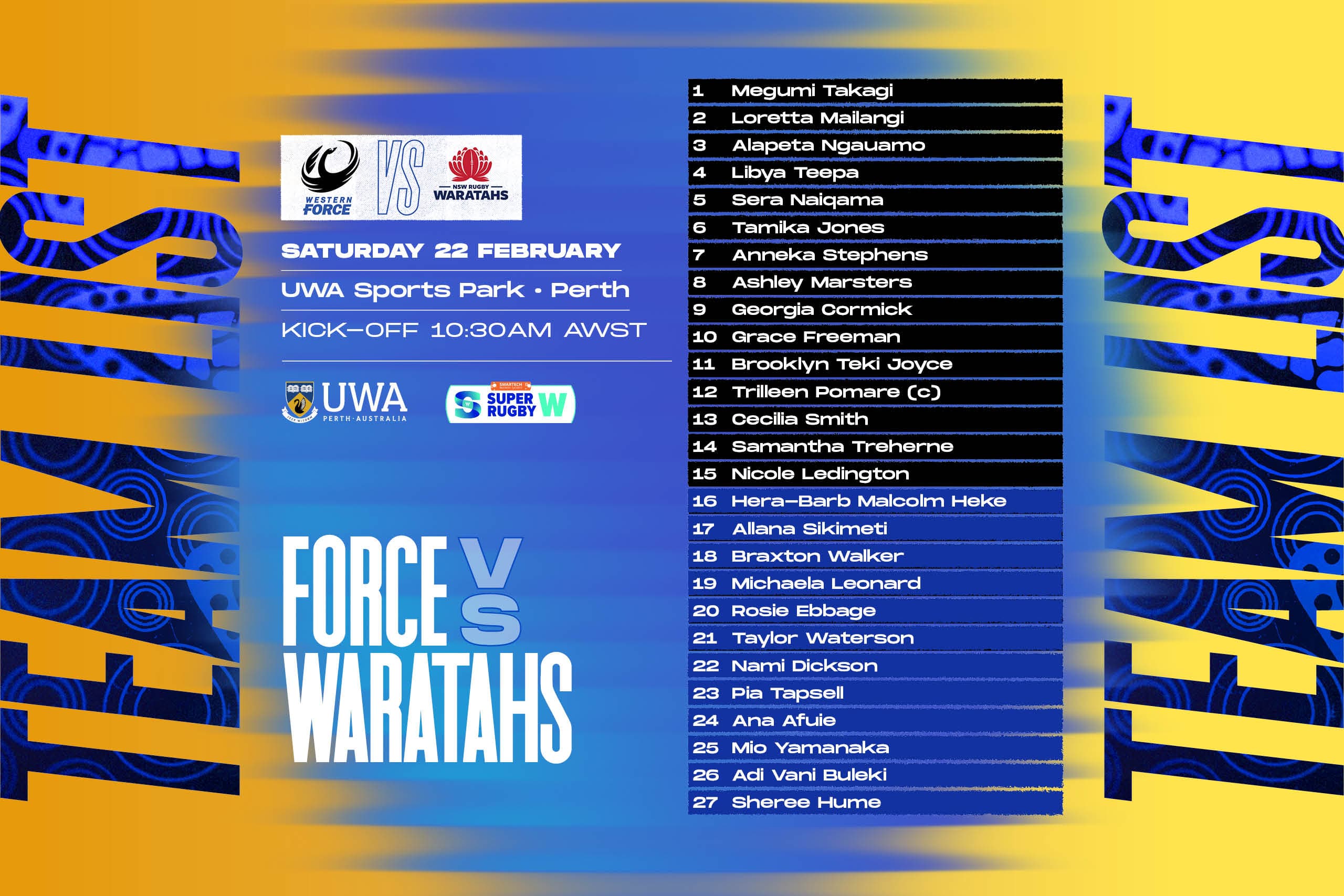 Force v Tahs team list trial A