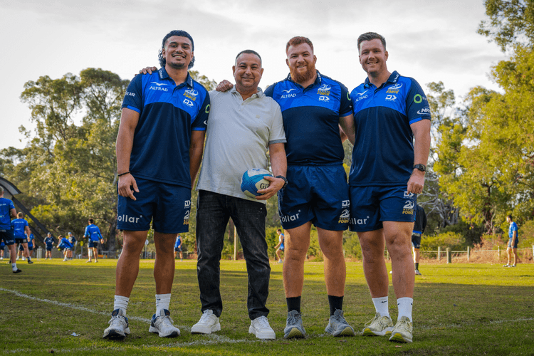 Force players Divad Palu (left to right), Harry Johnson-Holmes and Harry Hoopert with Theme Group founder Robbie Damjanovic