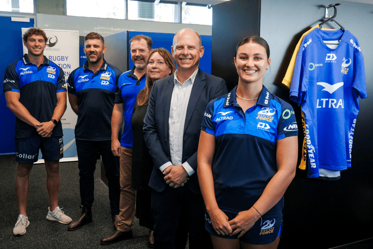 (L-R) Force player Bayley Kuenzle, Force director of strategic projects Matt Hodgson, RugbyWA CEO Simon Taylor, VenuesWest director of portfolio management Jana Simpson, VenuesWest acting CEO Stuart Lyon & Force player Aiysha Wigley