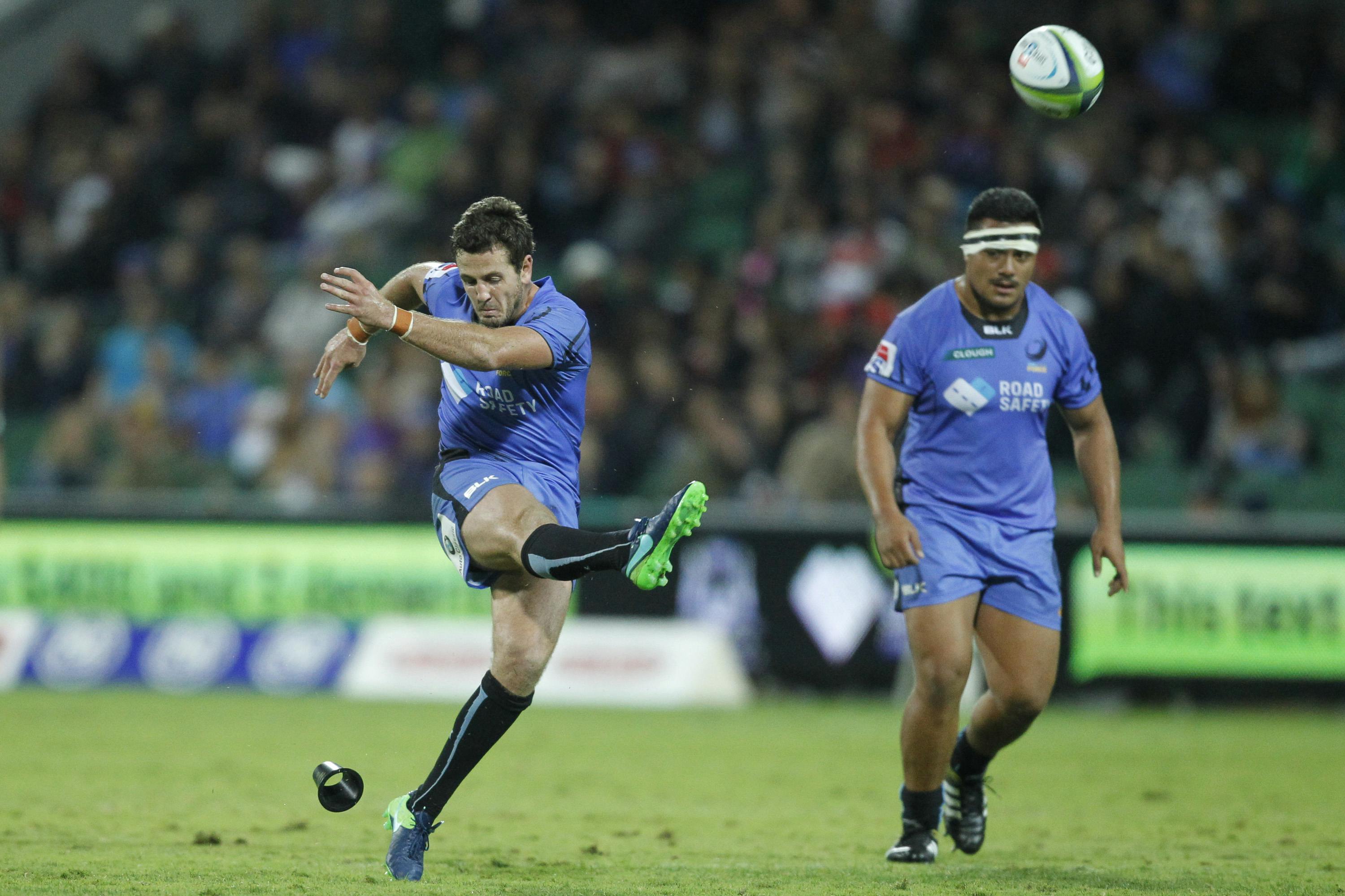 Ian Prior of the Force attempts a penalty kick during the round 10 Super Rugby match between the Force and the Lions at nib Stadium on April 29, 2017 in Perth, Australia.